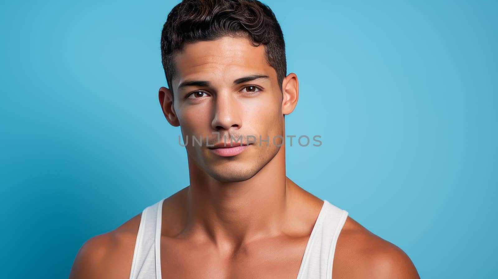 Portrait of an elegant sexy handsome serious Latino man with perfect skin, on a light blue background. by Alla_Yurtayeva