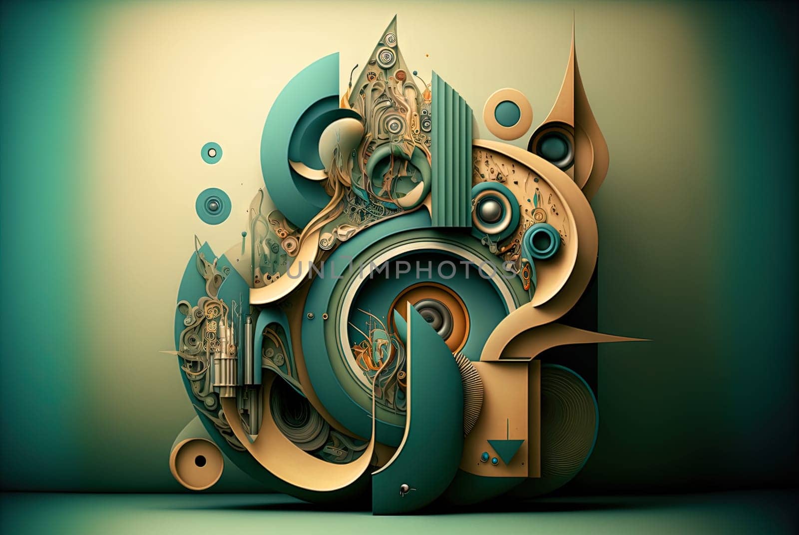 Abstract architectural retro composition in surrealism style. Retro background with surreal mindbending figures. Generated AI