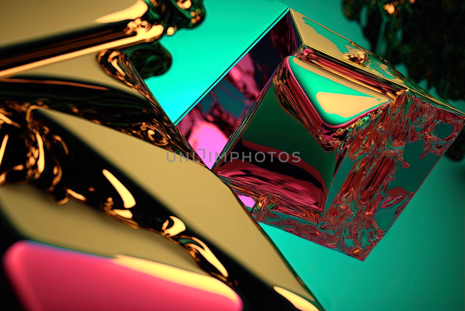 Abstract background with free 3D golden shapes, flowing and melting in surreal motion. Soft splashing abstract forms background with green and purple crystal inclusion. Generated AI