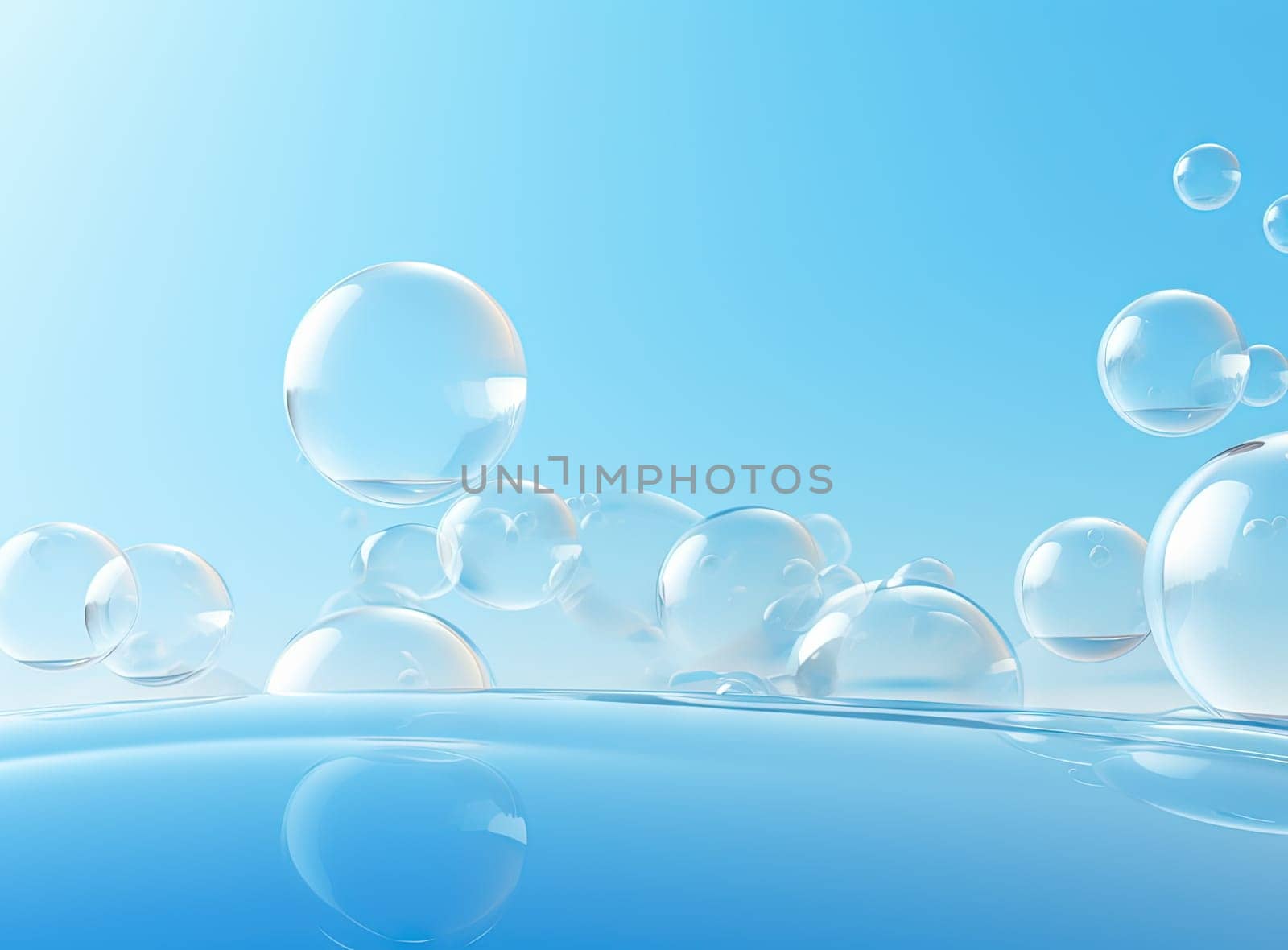 Soaring bubbles on blue background. Abstract soap bubbles floating background. Generated AI