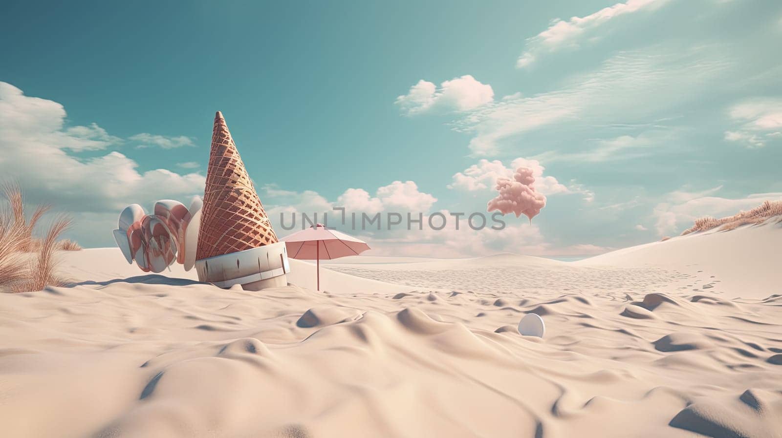 Ice cream cone in the sand of the beach. Vacation scene with ice cream on the shore line. Generative AI