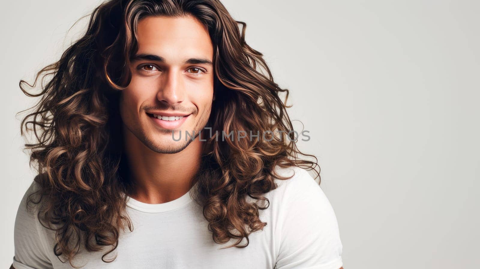 Portrait of an elegant sexy smiling Latino man with perfect skin and long hair, on a white background. Advertising of cosmetic products, spa treatments shampoos and hair care products, dentistry and medicine, perfumes and cosmetology for men