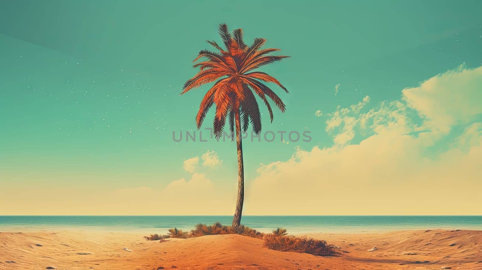 Palm tree on the sand of the beach. Vacation scene with palm on the shore line. Generative AI