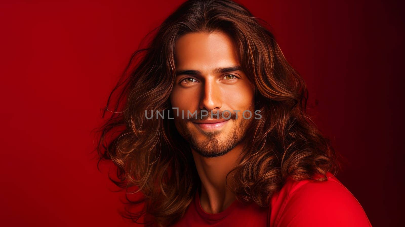 Portrait of an elegant sexy smiling Latino man with perfect skin and long hair, on a red background. Advertising of cosmetic products, spa treatments shampoos and hair care products, dentistry and medicine, perfumes and cosmetology for men