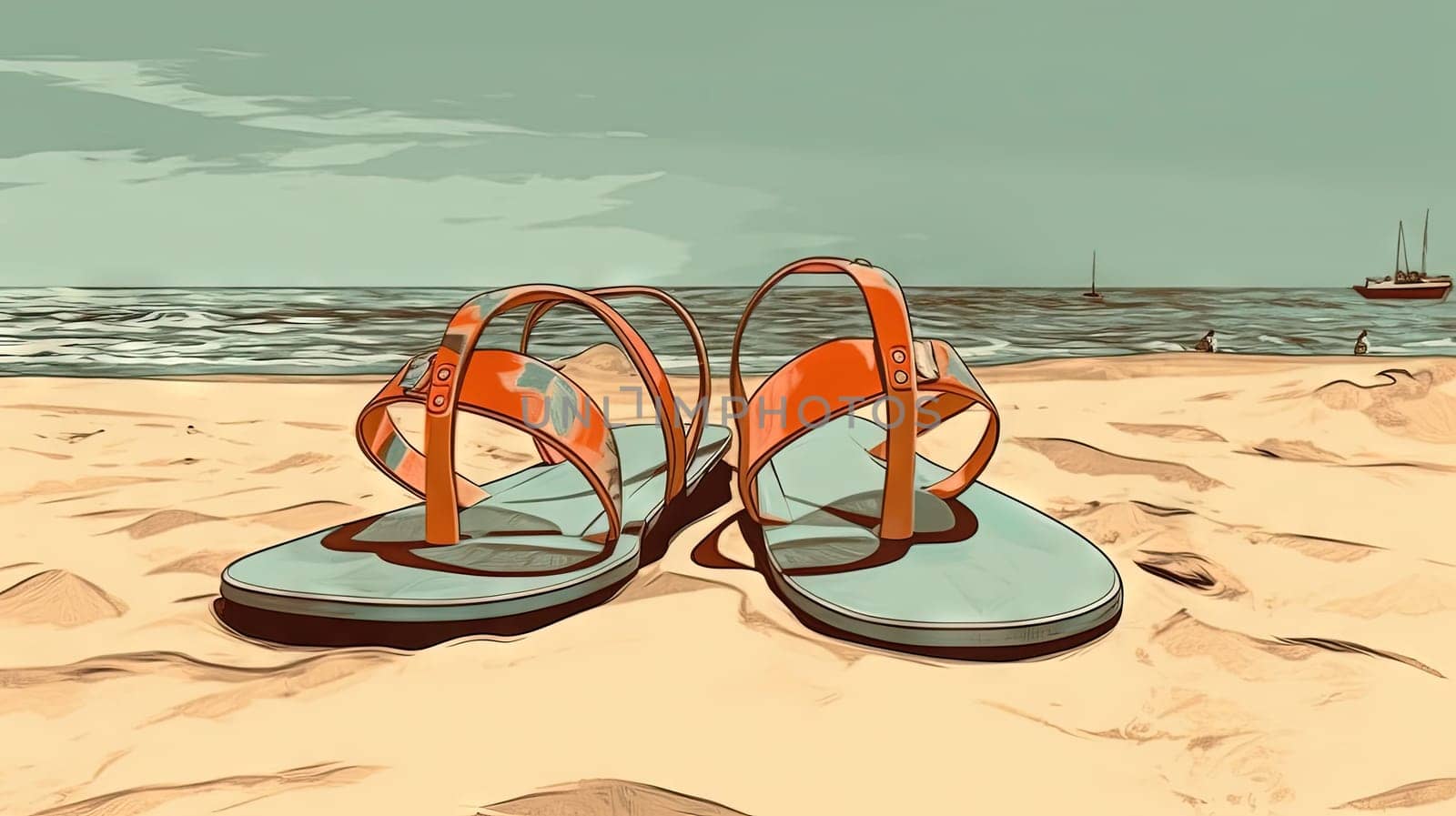 Flip flop sandals on the sandy beach in nostalgic card style. Retro vacation postcard with slippers on the coast. Generated AI
