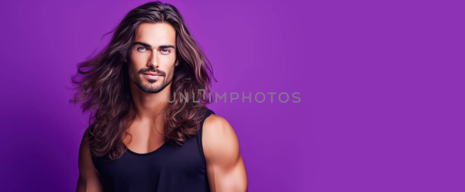Portrait of an elegant sexy smiling Latino man with perfect skin and long hair, on a purple background. by Alla_Yurtayeva