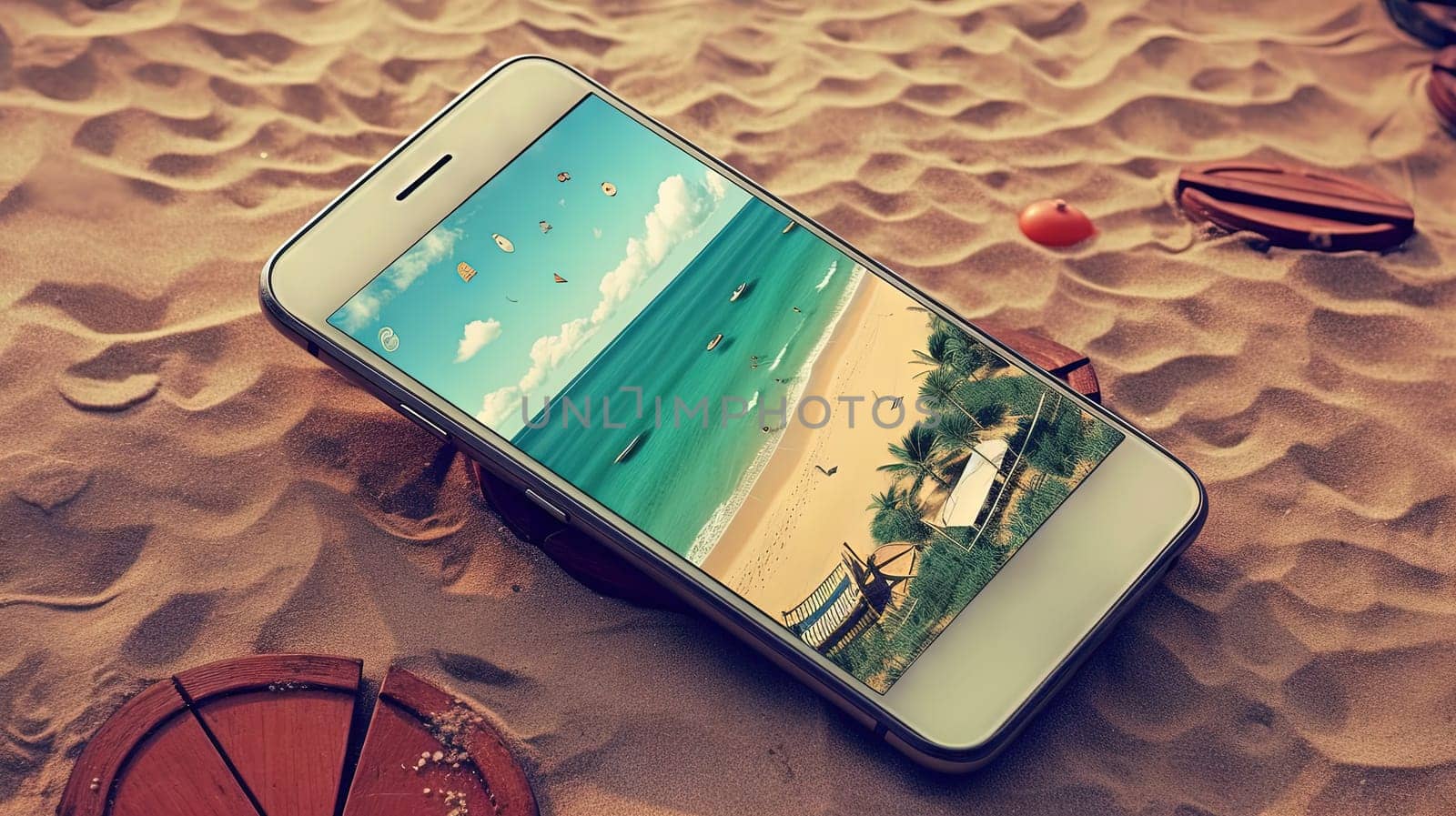 Smartphone in the sand of the beach. Vacation scene with phone on the shore line. Generative AI