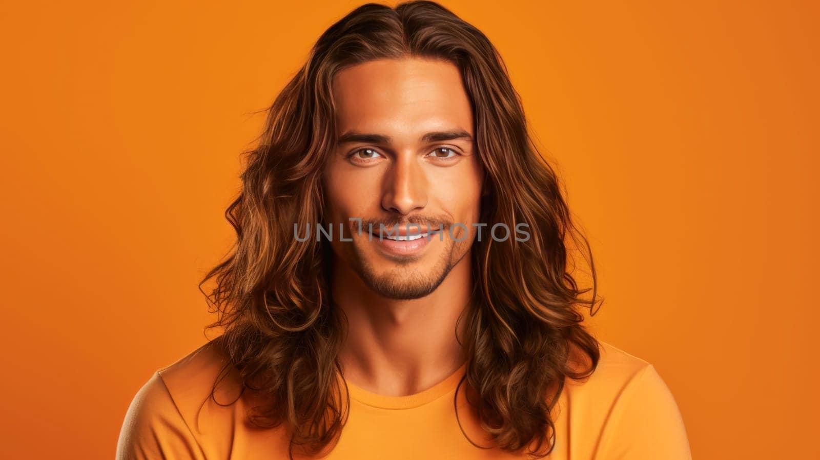 Portrait of an elegant sexy smiling Latino man with perfect skin and long hair, on an orange background. Advertising of cosmetic products, spa treatments shampoos and hair care products, dentistry and medicine, perfumes and cosmetology for men