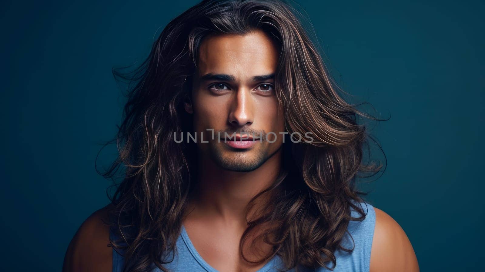 Portrait of an elegant sexy smiling Latino man with perfect skin and long hair, on a dark blue background. Advertising of cosmetic products, spa treatments shampoos and hair care products, dentistry and medicine, perfumes and cosmetology for men