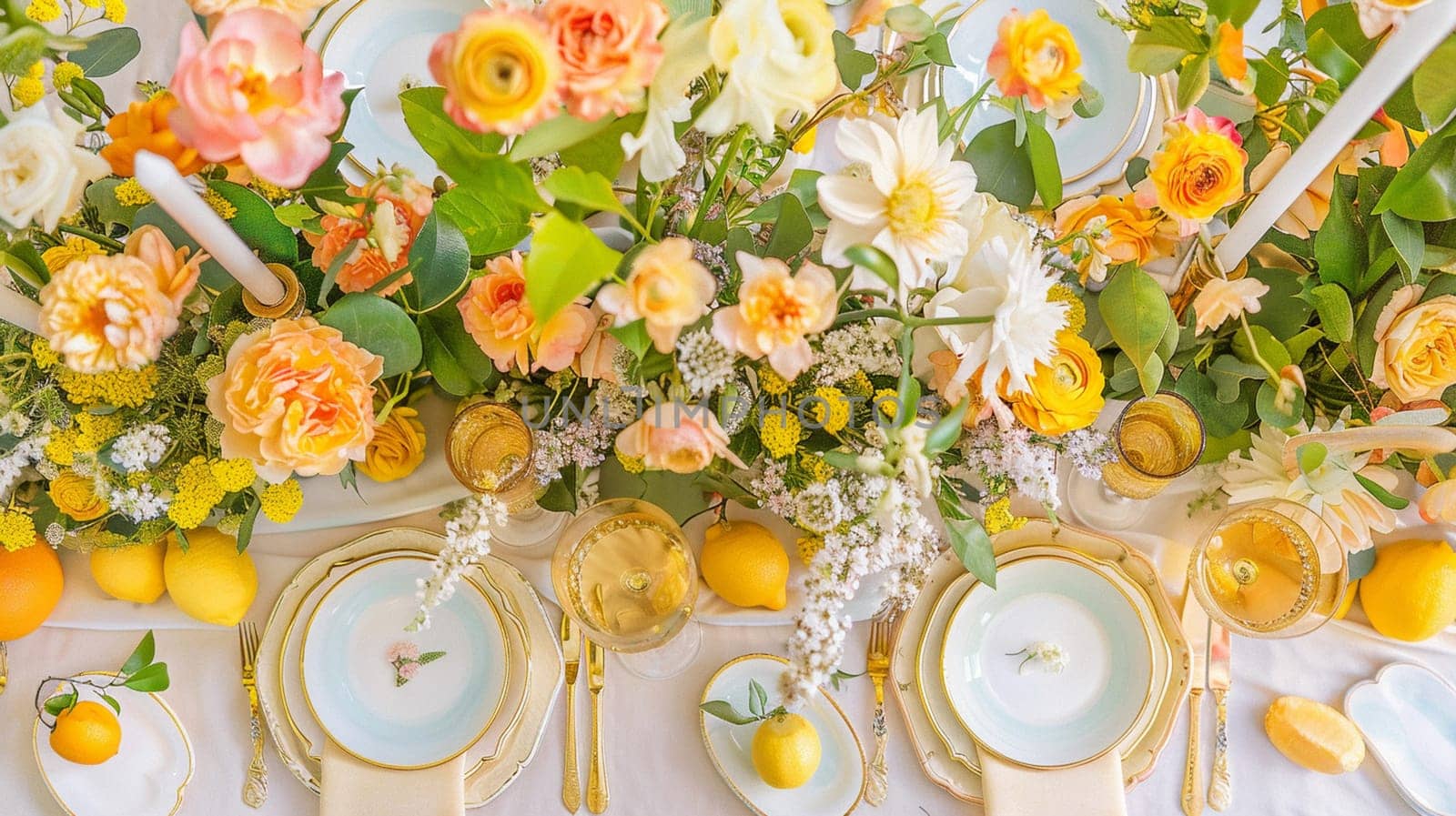 Table decor with fruits in citrus garden, holiday tablescape and dinner table setting, formal event decoration for wedding, family celebration, English country and home styling