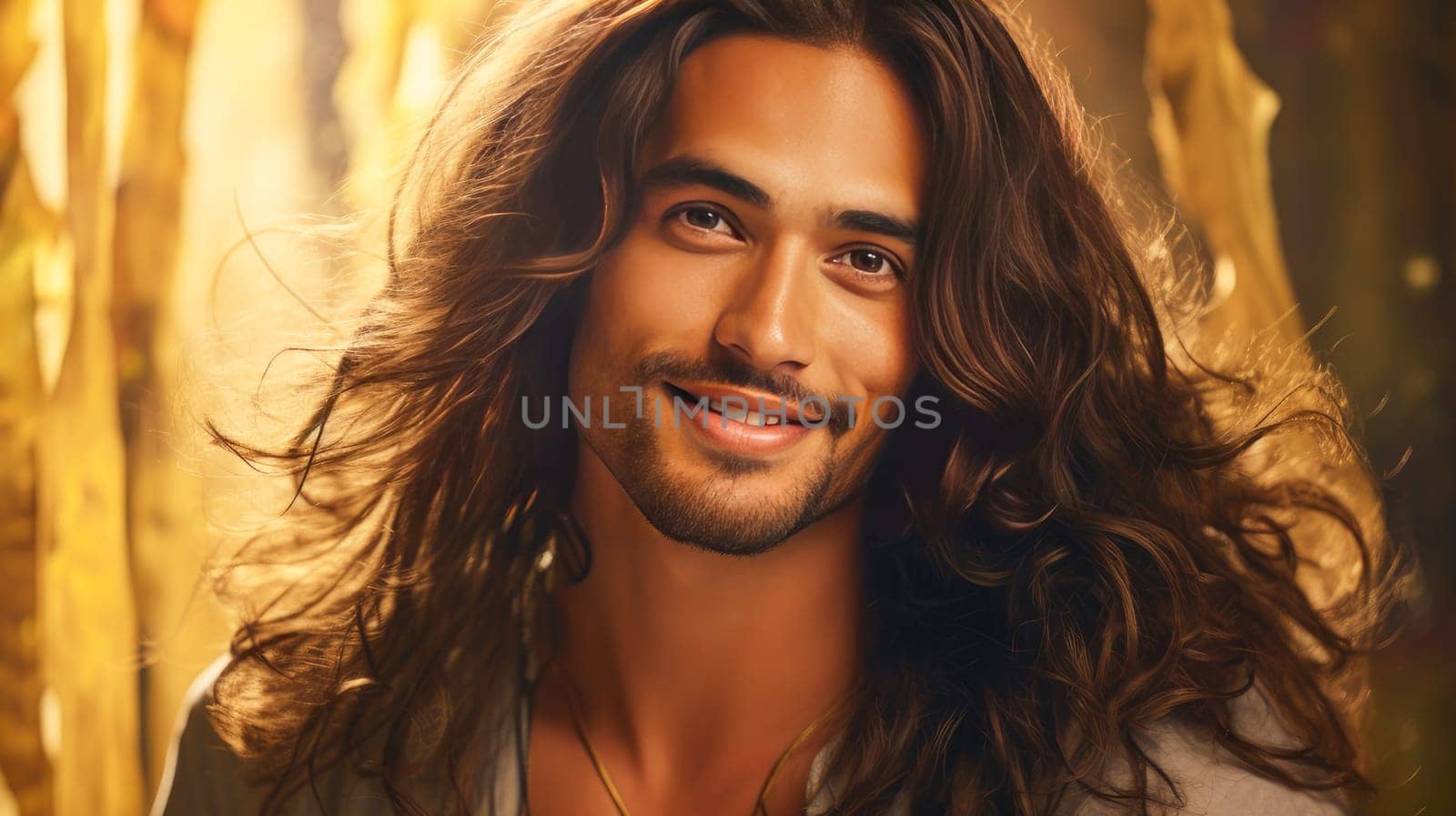 Portrait of an elegant sexy smiling Latino man with perfect skin and long hair, on a golden background. by Alla_Yurtayeva