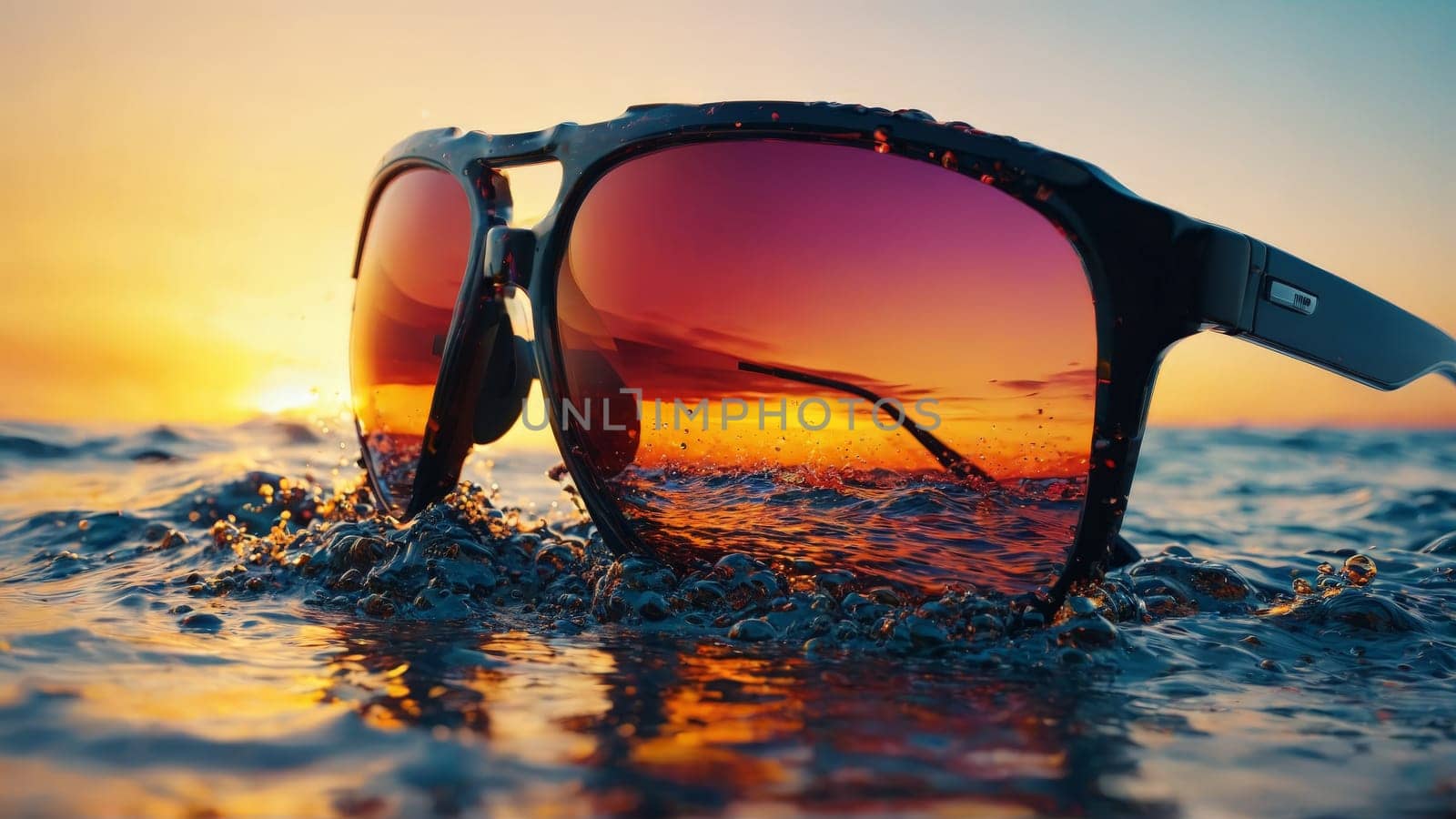 Sea water droplets on sunglasses reflecting sunset summer vacation vibes carefree adventure wanderlust inspiration Abstract background by panophotograph