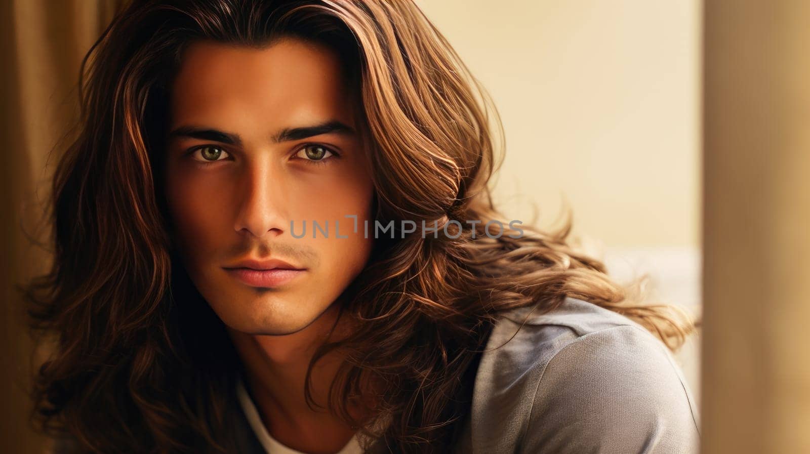 Portrait of an elegant sexy smiling Latino man with perfect skin and long hair, on a beige background. by Alla_Yurtayeva
