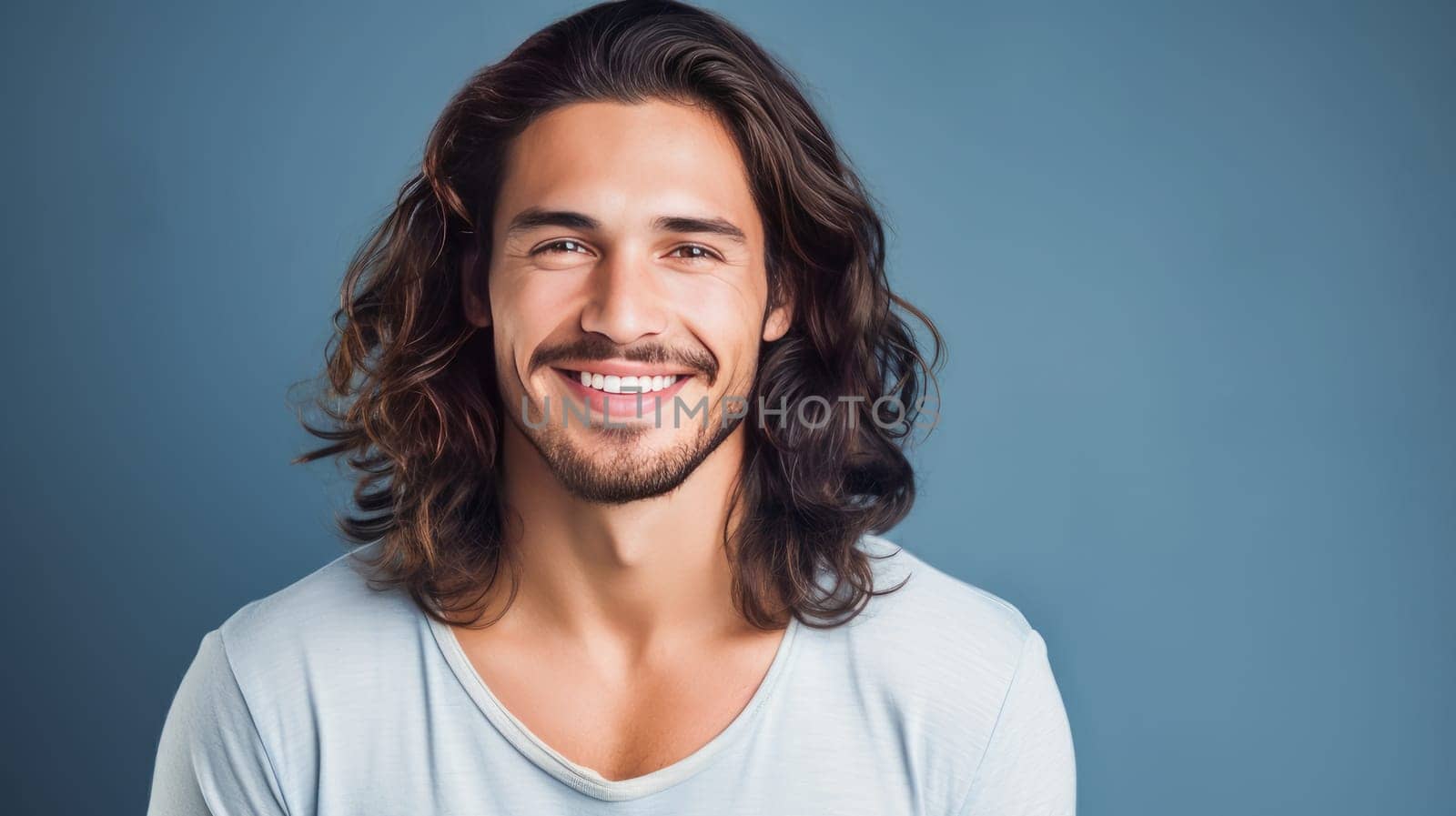 Portrait of an elegant sexy smiling Latino man with perfect skin and long hair, on a light blue background. Advertising of cosmetic products, spa treatments shampoos and hair care products, dentistry and medicine, perfumes and cosmetology for men