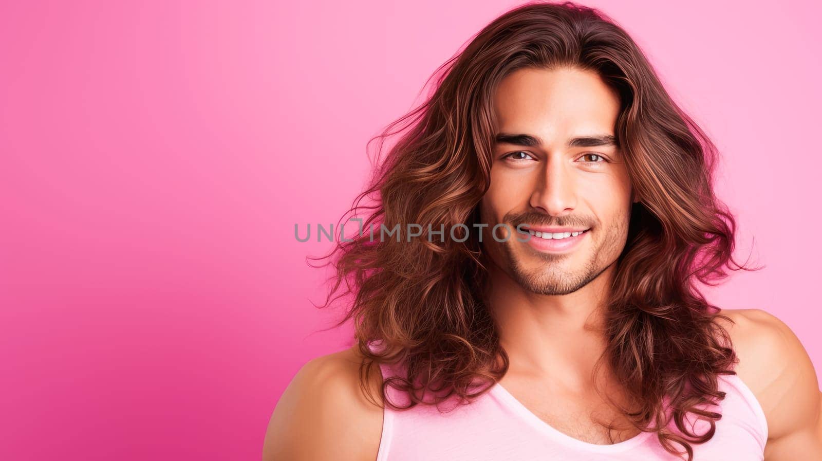 Portrait of an elegant sexy smiling Latino man with perfect skin and long hair, on a pink background. by Alla_Yurtayeva