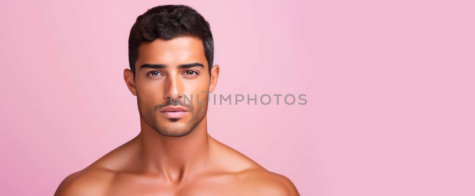 Portrait of an elegant sexy handsome Latino man with perfect skin, on a pink background. Advertising of cosmetic products, spa treatments shampoos and hair care products, dentistry and medicine, perfumes and cosmetology for men