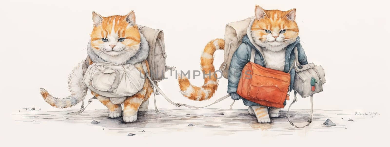 Cute cats family travelling with luggage. Watercolor styled kittens with suitcases. Generated AI. by SwillKch