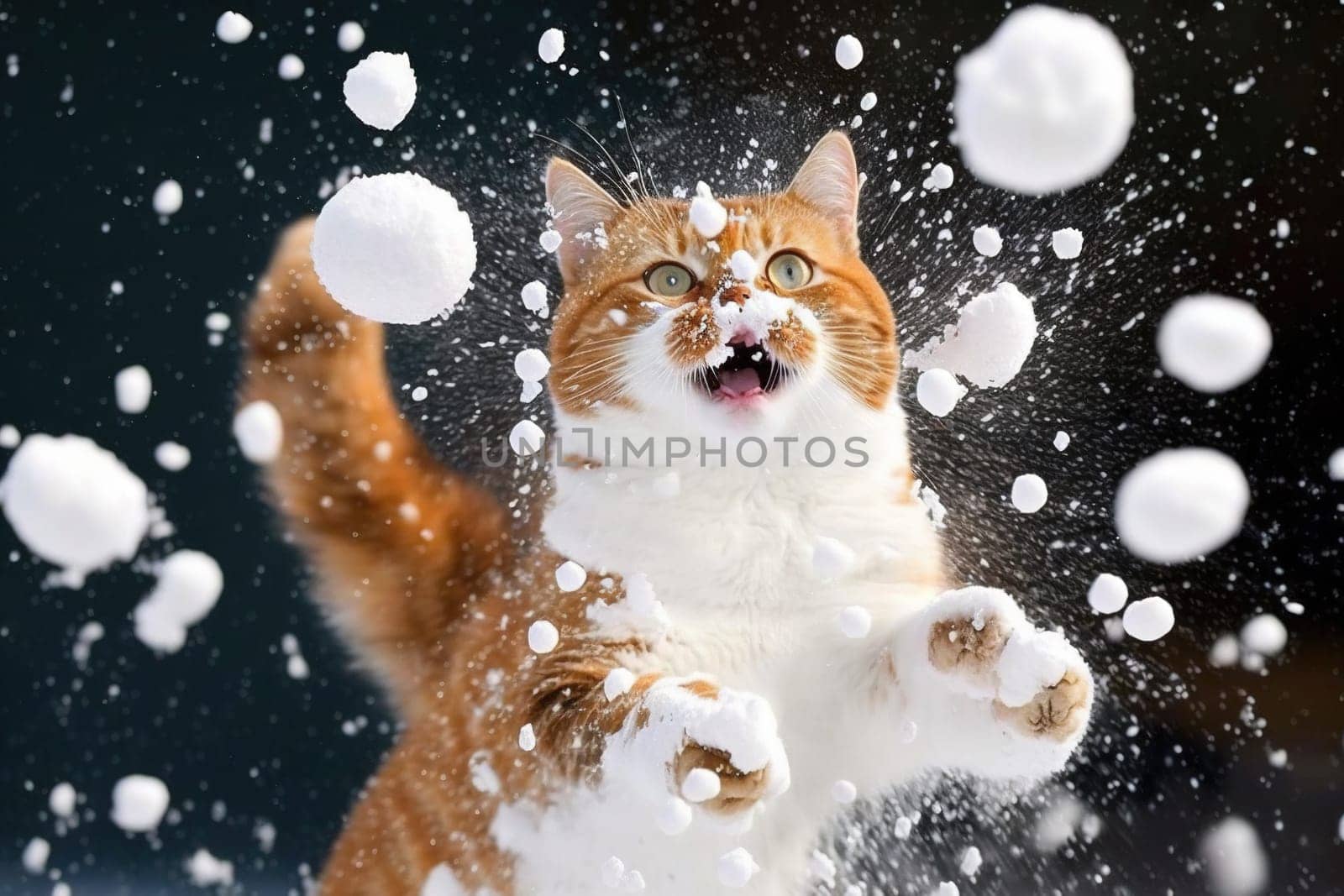 Cat smacked by snowball. Cute kitten with surprised and angry face, hit by snow during winter game. Generated AI