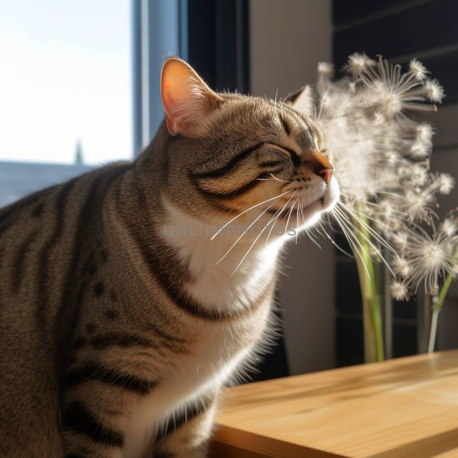 Cat sneezing after smelling flowers. Allergy metaphor with funny kitten. Generated AI
