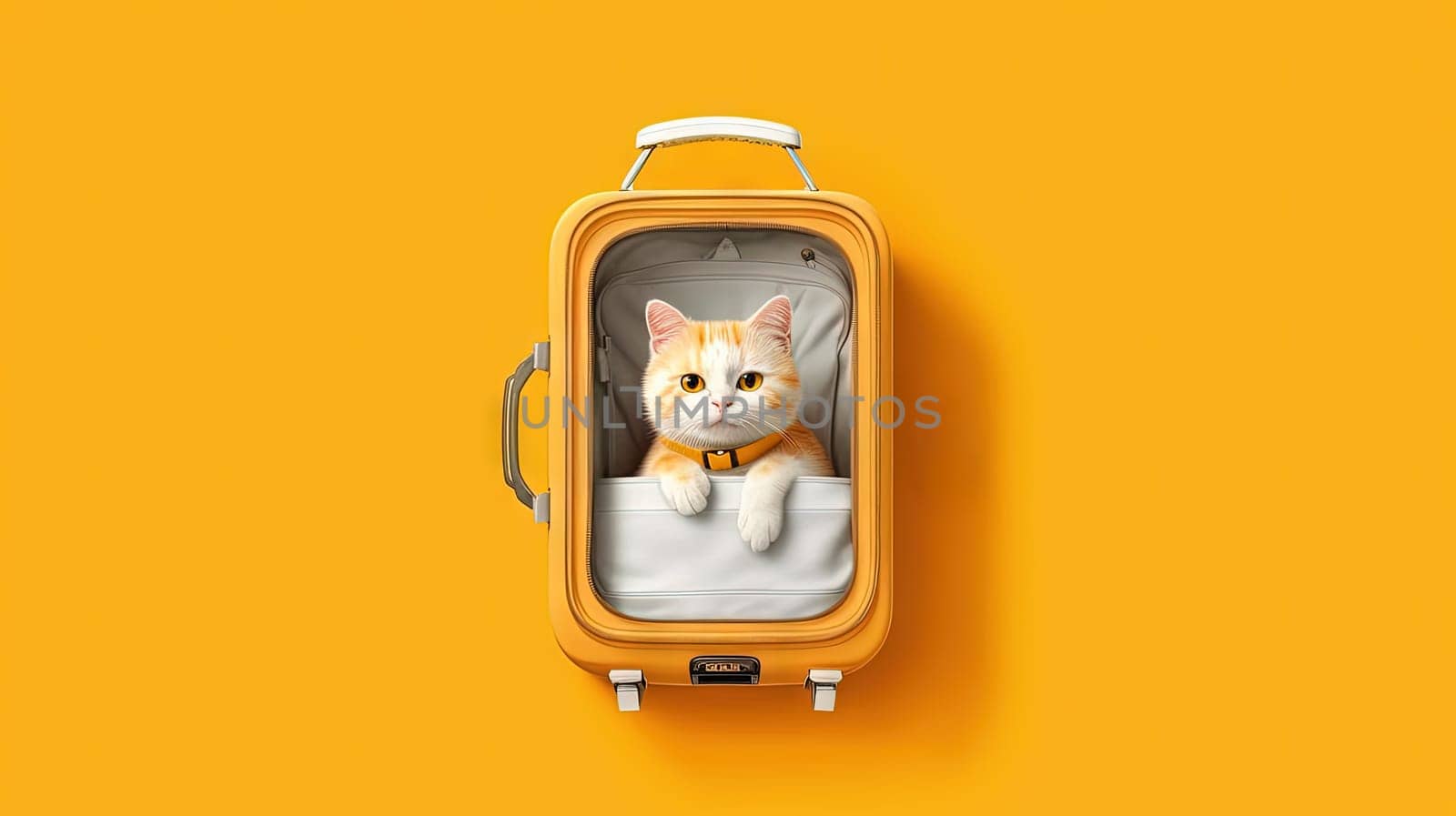 Cute white cat sitting in the suitcase. Sweet fluffy kitten is ready to travel. Generated AI