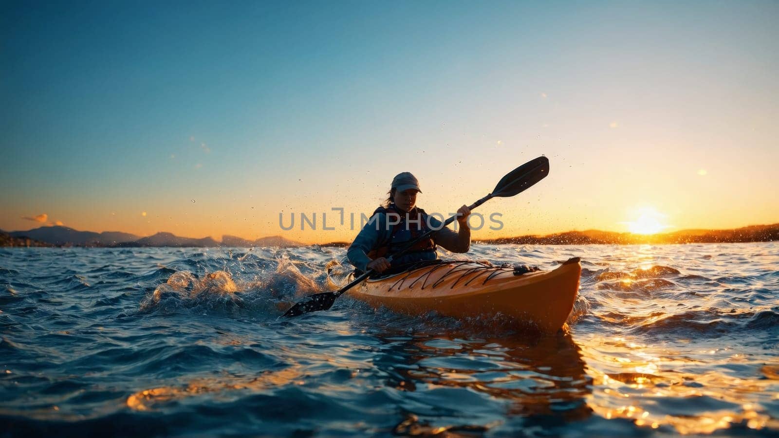 Sunset filtering through water drops on sea kayak paddle vibrant orange and blue outdoor adventure by panophotograph