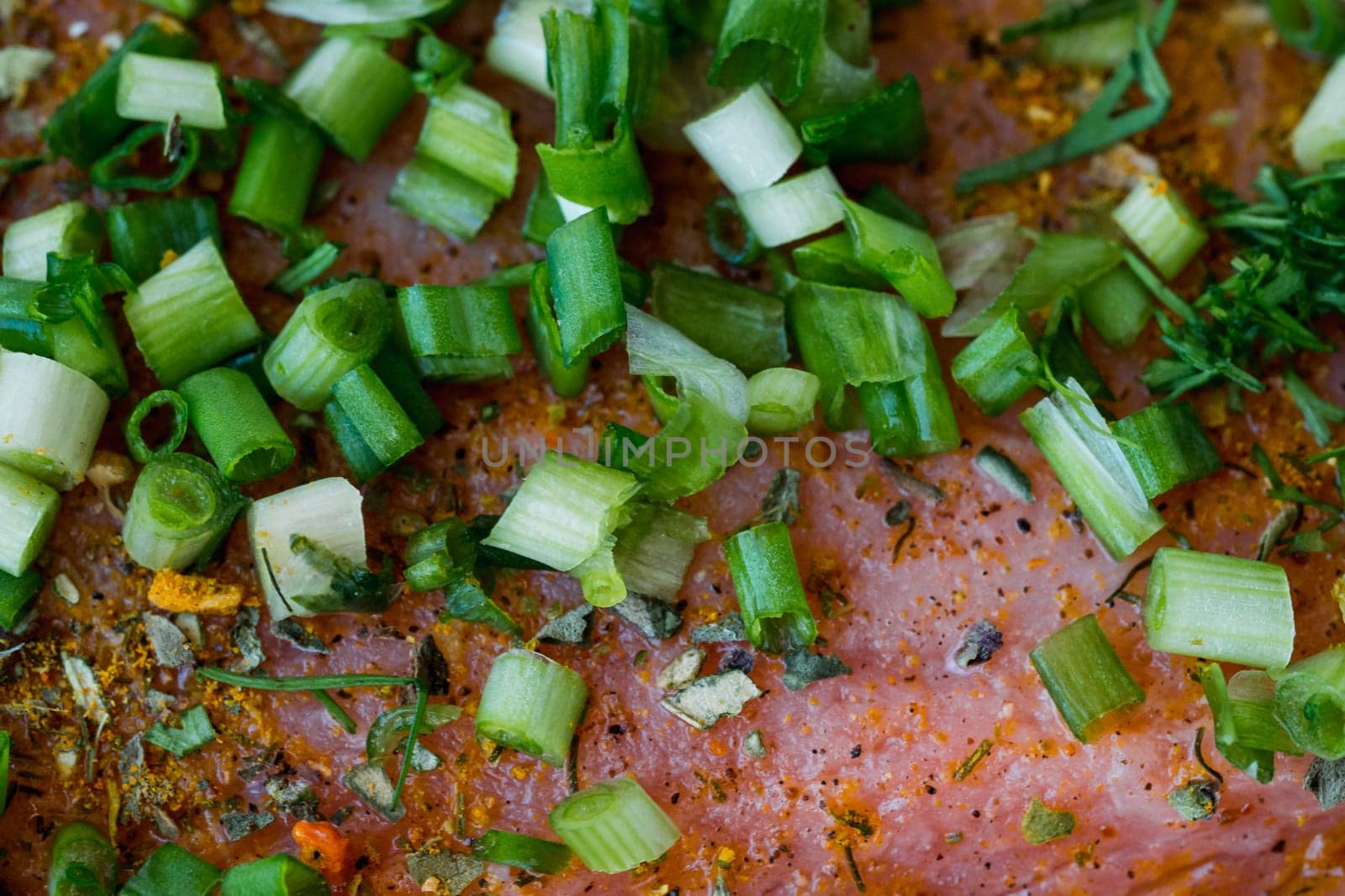 red fish meat with spices and greens close-up
