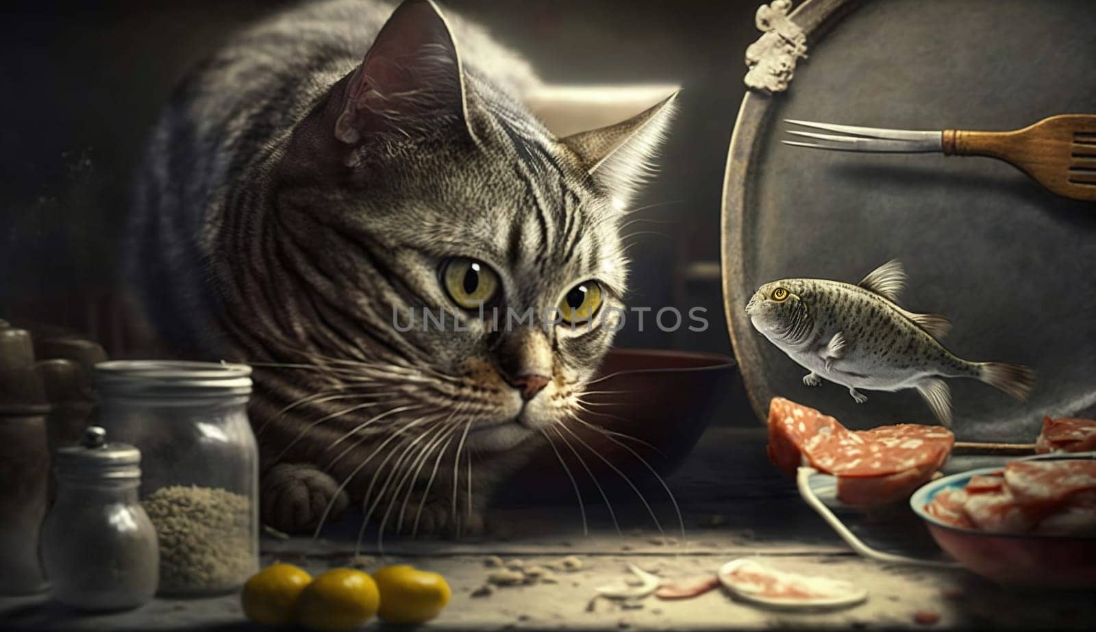 Cute cat watching the fish. Funny kitten sniffing the fish. Generated AI