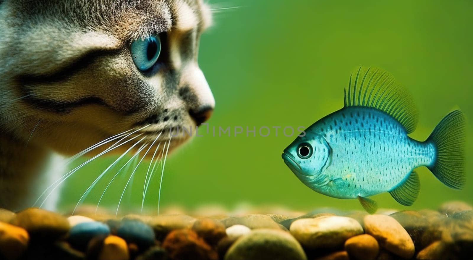 Cute cat watching the fish. Funny kitten sniffing the fish. Generated AI