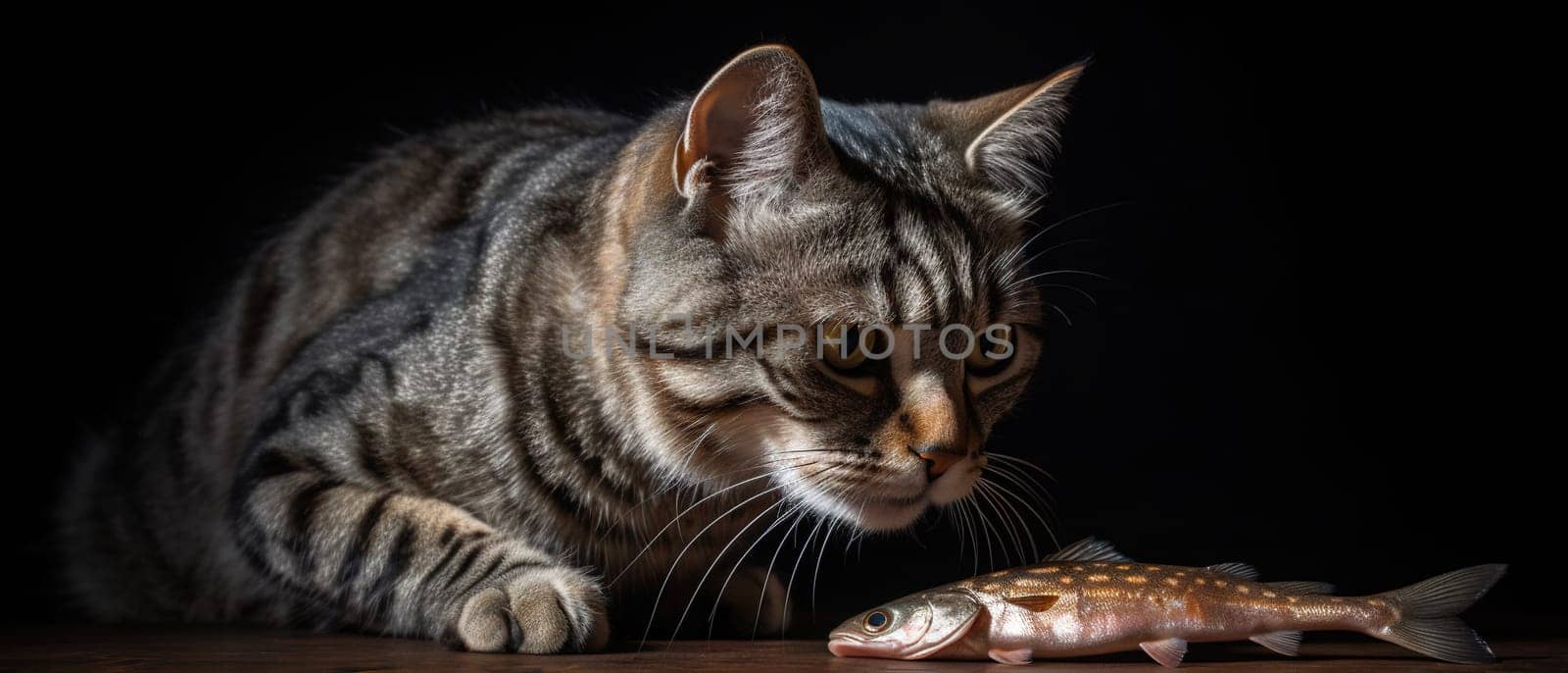 Cute cat watching the fish. Funny kitten sniffing the fish. Generated AI