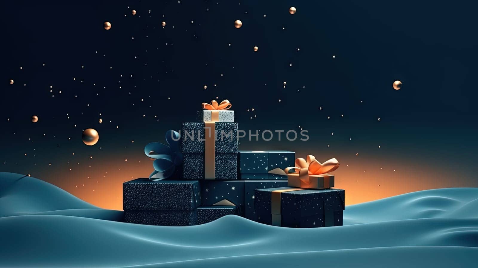 Group of Christmas gifts on blue background. Boxes with ribbons for winter holidays. Generated AI