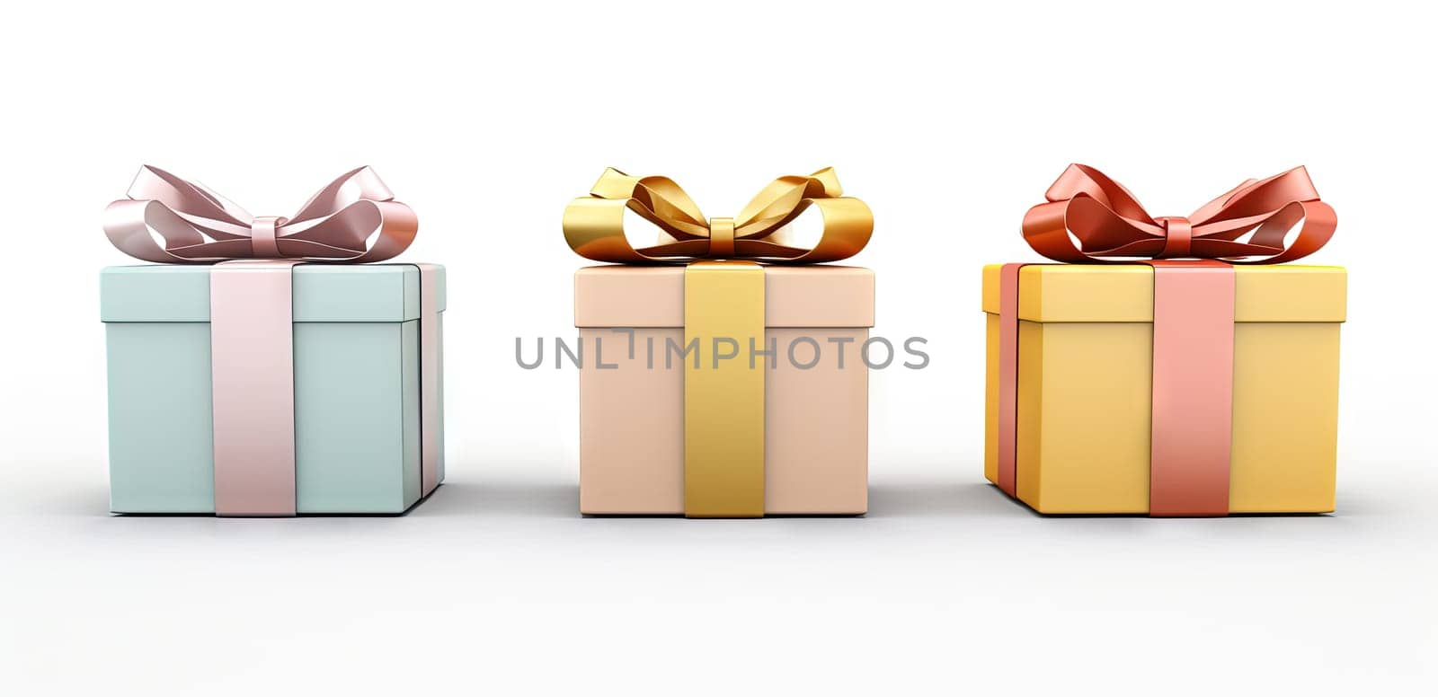 Set of colorful gift boxes with ribbons for Christmas holidays or commercial event. Generated AI