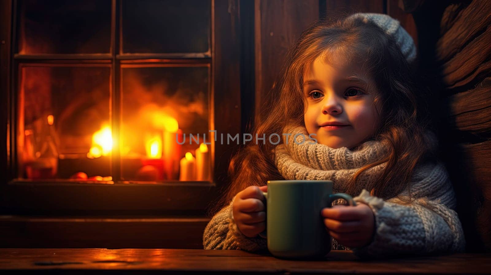 Little girl with cozy sweater drinks hot beverage cup on Christmas holidays. Generated AI