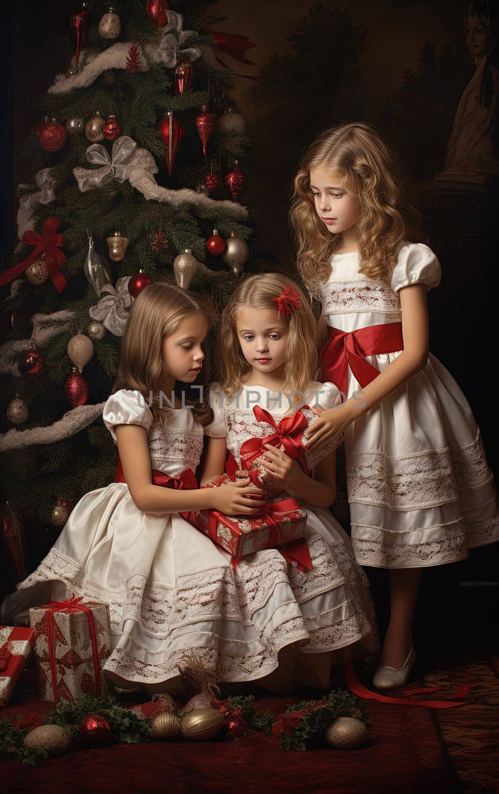 Girls unpacking gifts under the Christmas tree on winter holidays. Xmas family scene. Generated AI