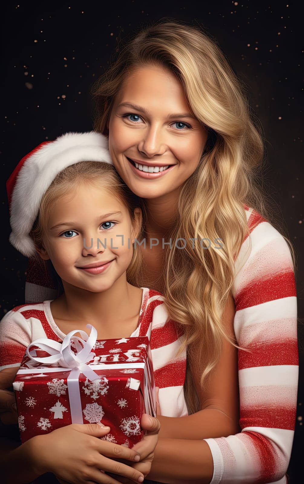 Mother and daughter sitting under the Christmas tree with gifts during winter holidays. Generated AI. by SwillKch