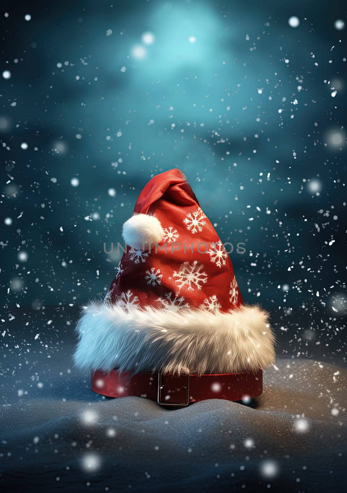 Santa hat on the snow for Christmas celebration. Winter holidays card with Santa cap. Generated AI