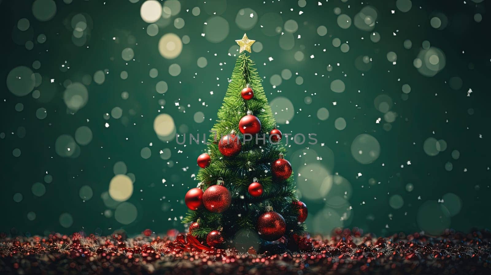 Christmas tree with glass balls on the blurred background with bokeh. Winter holidays greeting card with Xmas fir and baubles. Generated AI