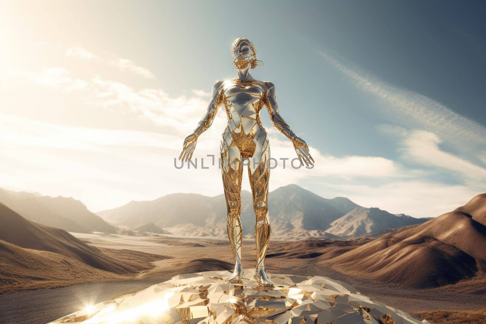 Crome robot woman posing with spread arms. Artificial intelligence rise and shiny. Mechanical beauty. Generated AI. by SwillKch