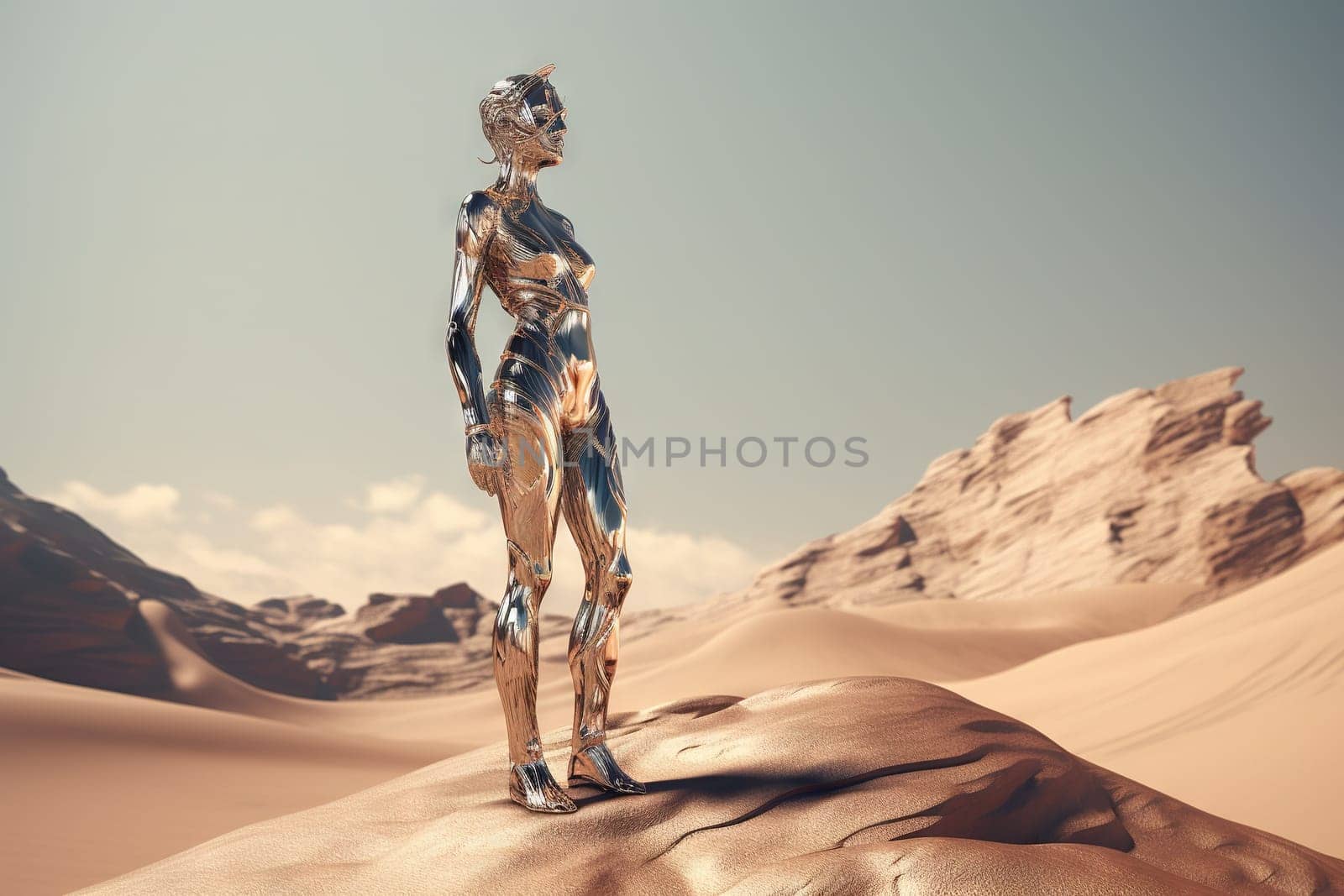 Crome robot woman standing in the desert. Artificial intelligence rise and shiny. Mechanical beauty. Generated AI. by SwillKch