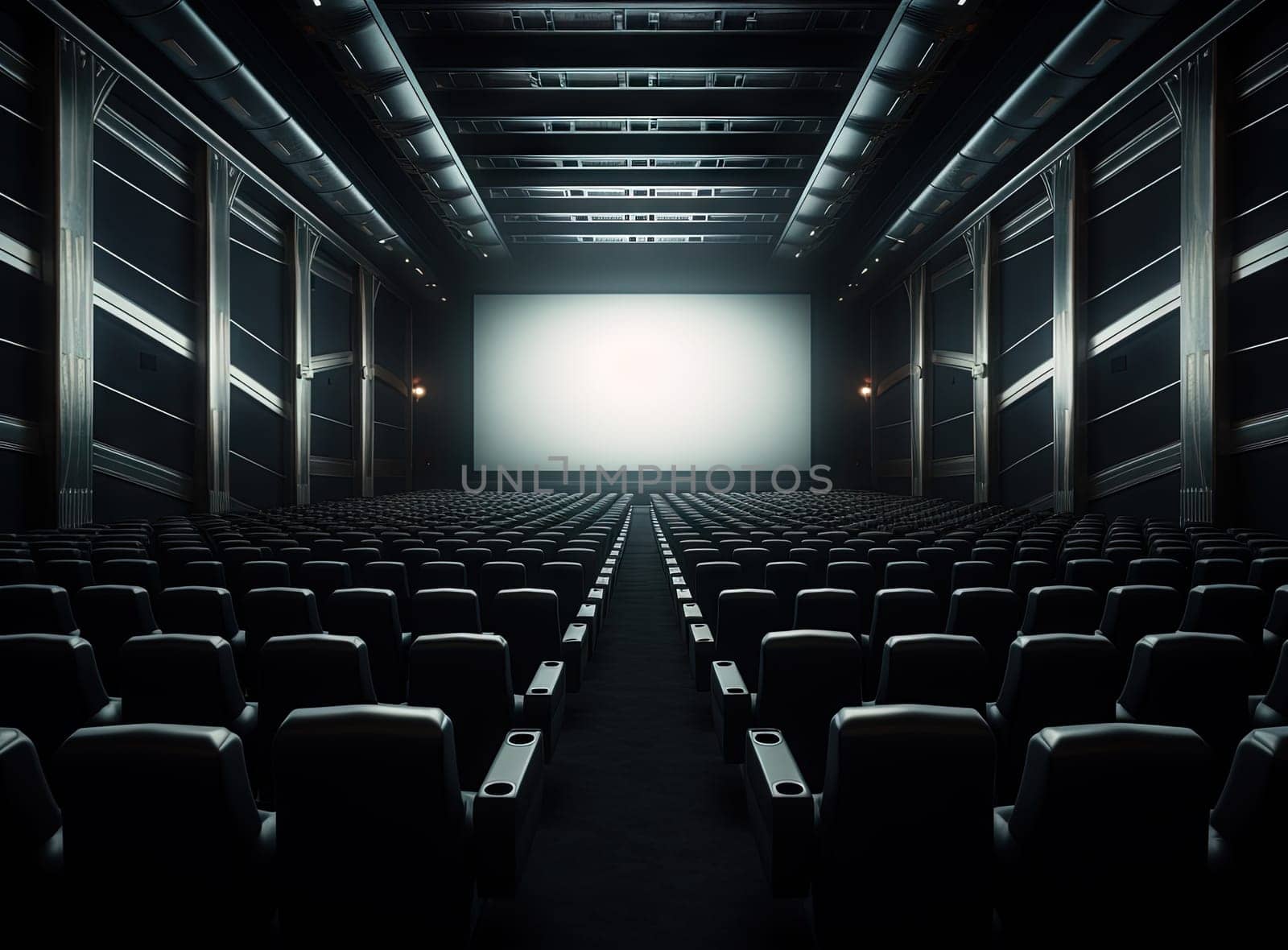 Cinema interior with seats and white screen. Movie theater room with chairs. Generated AI