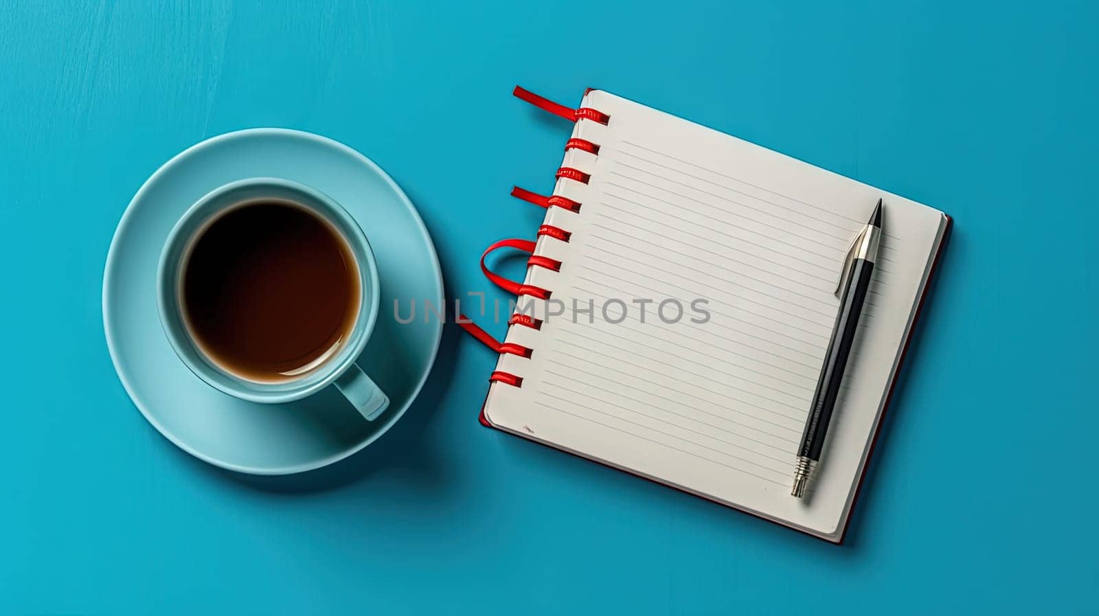 Cup of coffee and notepad with pen, top view. Generated AI
