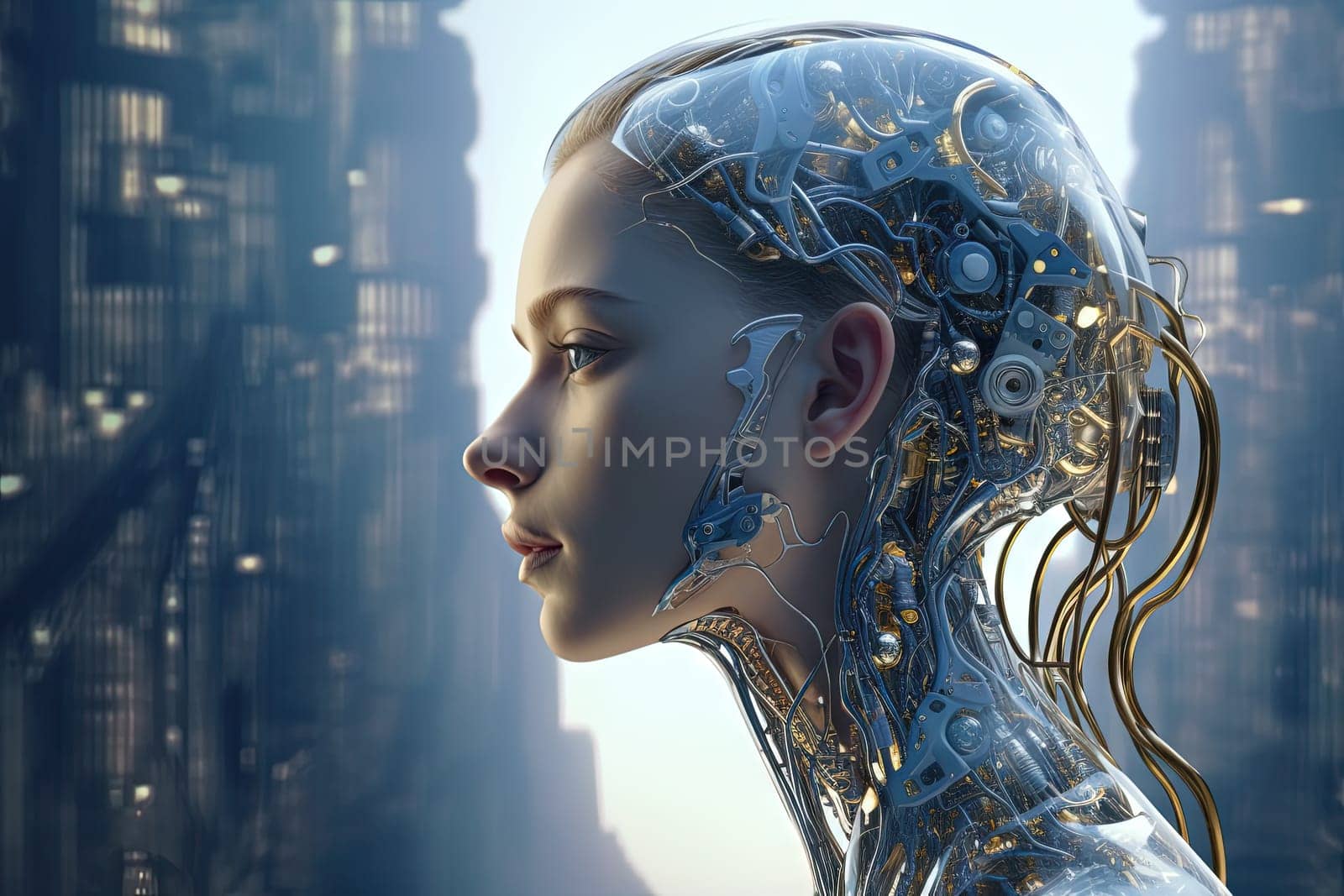 Cyborg or digitally improved human. Artificial intelligence and technology concept with advanced woman. Generated AI. by SwillKch