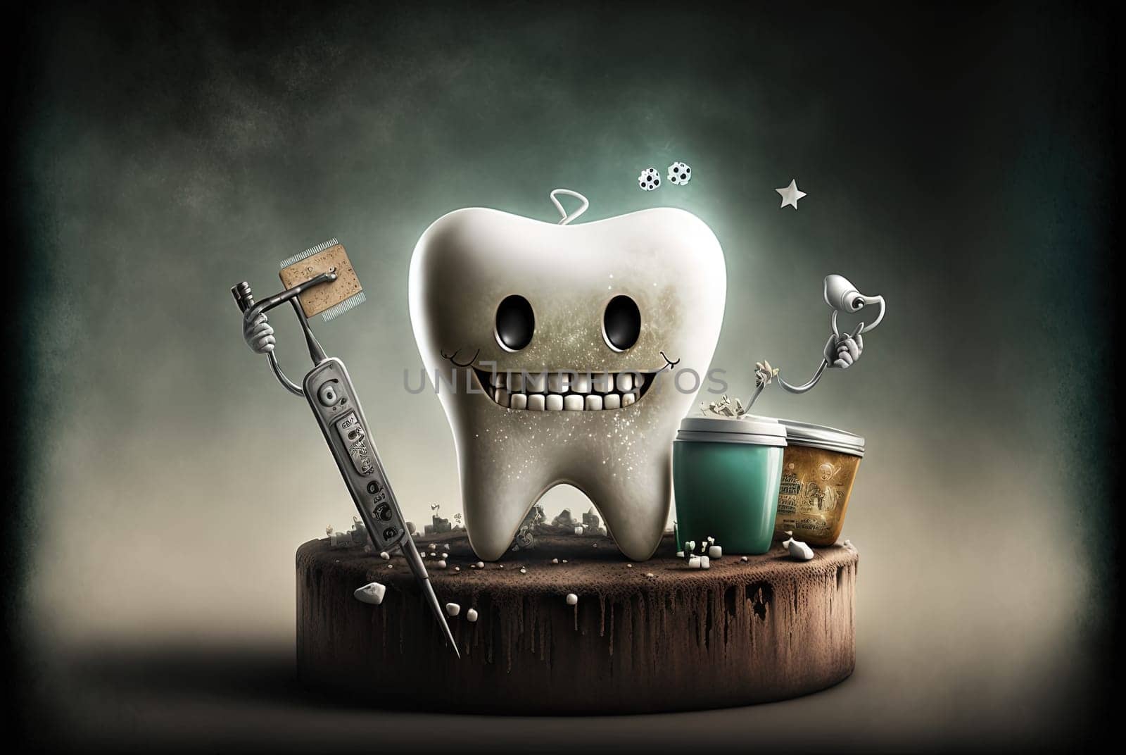 Funny Dentist Day poster with retro styled tooth and vintage equipment. Generated AI