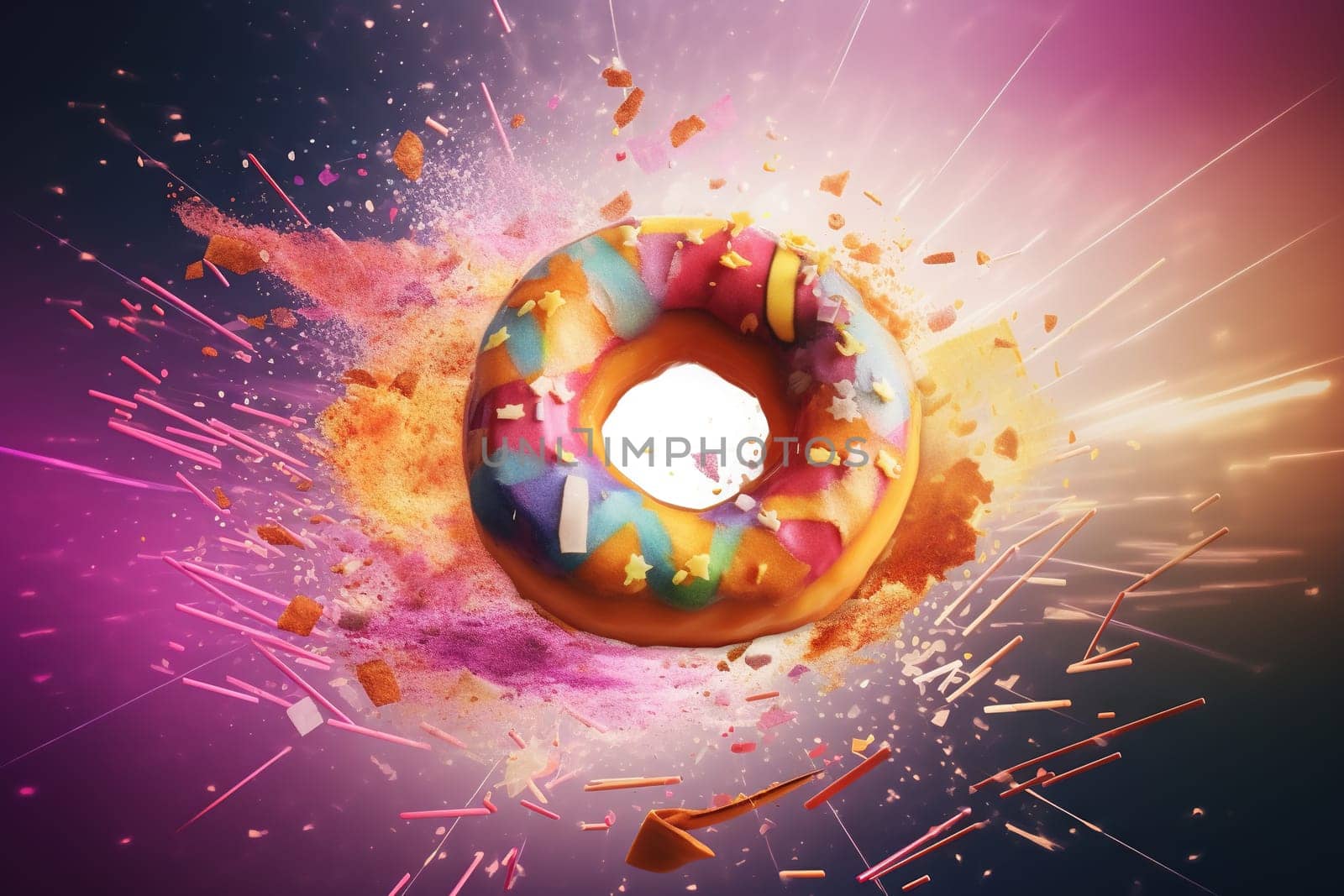 Donut expressive shot with topping and sugar powder splash. Tasty donut food styling image. Generative AI