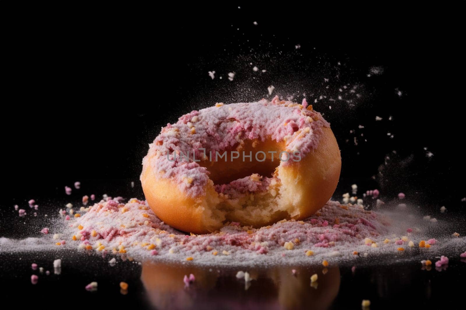 Donut expressive shot with topping and sugar powder splash. Tasty donut food styling image. Generative AI