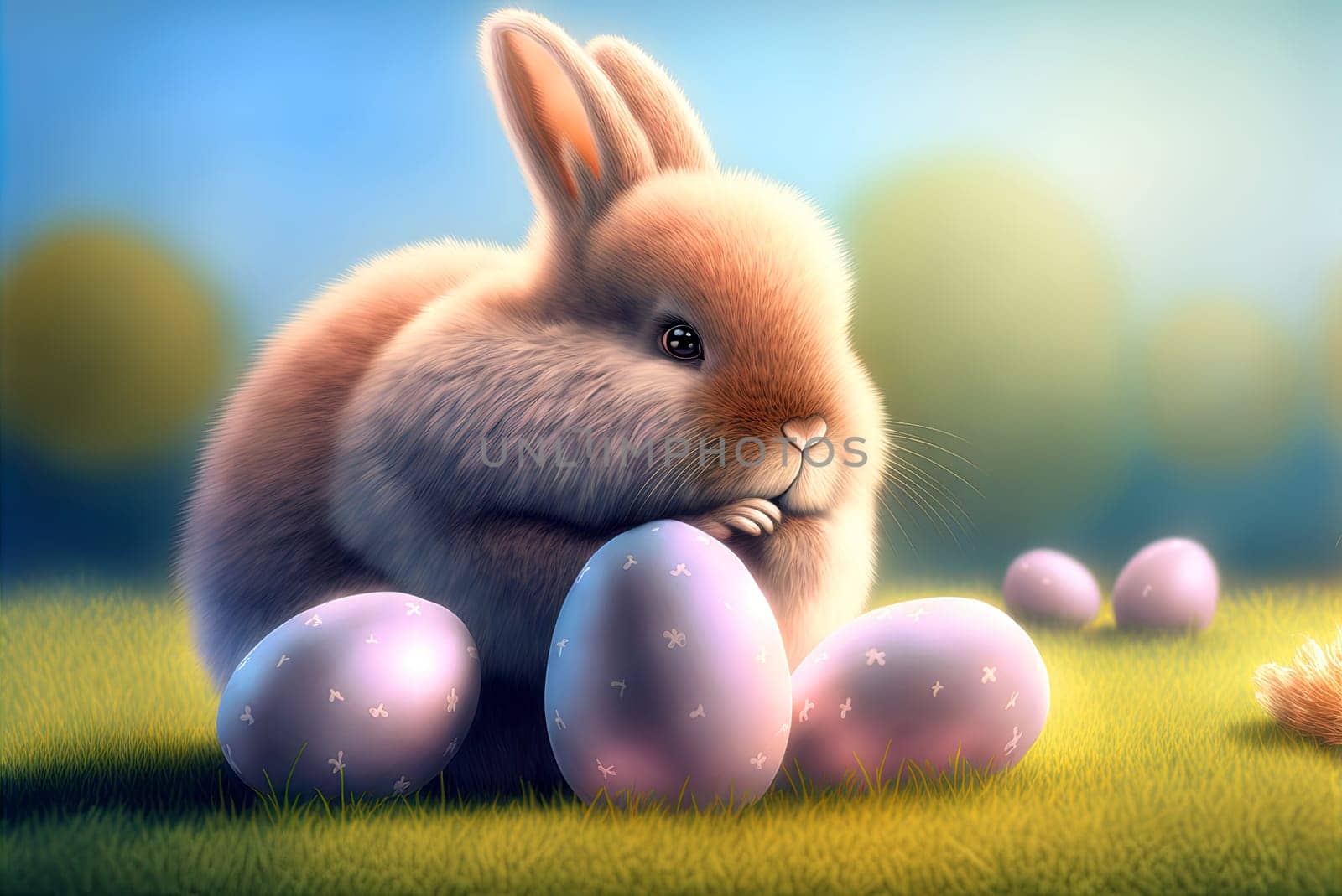 Easter rabbit with colorful holiday eggs. Cute fluffy bunny celebrating spring holiday