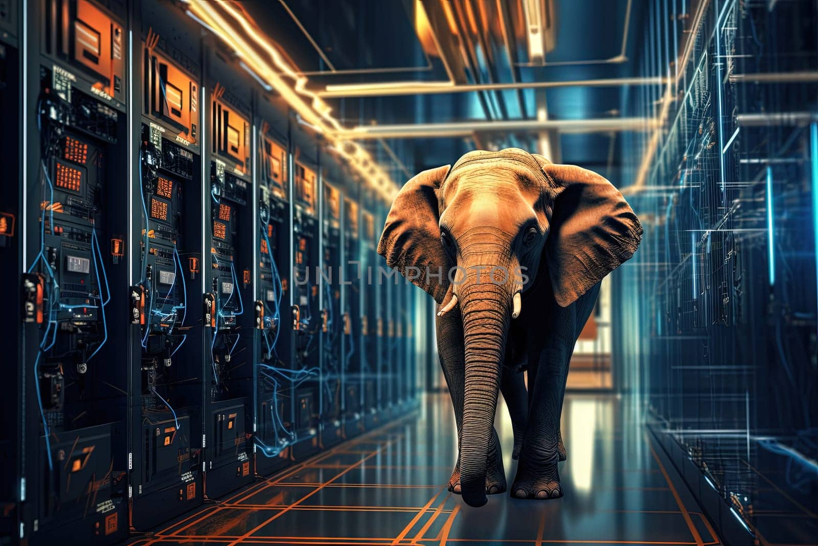 Elephant in the server room. Concept of the big data and digital fragility. Generated AI