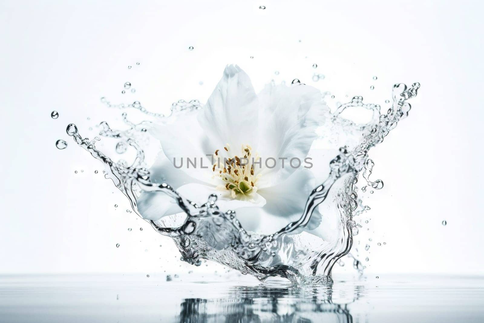 Flower in splashing water. Floral freshness concept with water drops for cosmetic, moisture and self-care packaging. Generated AI