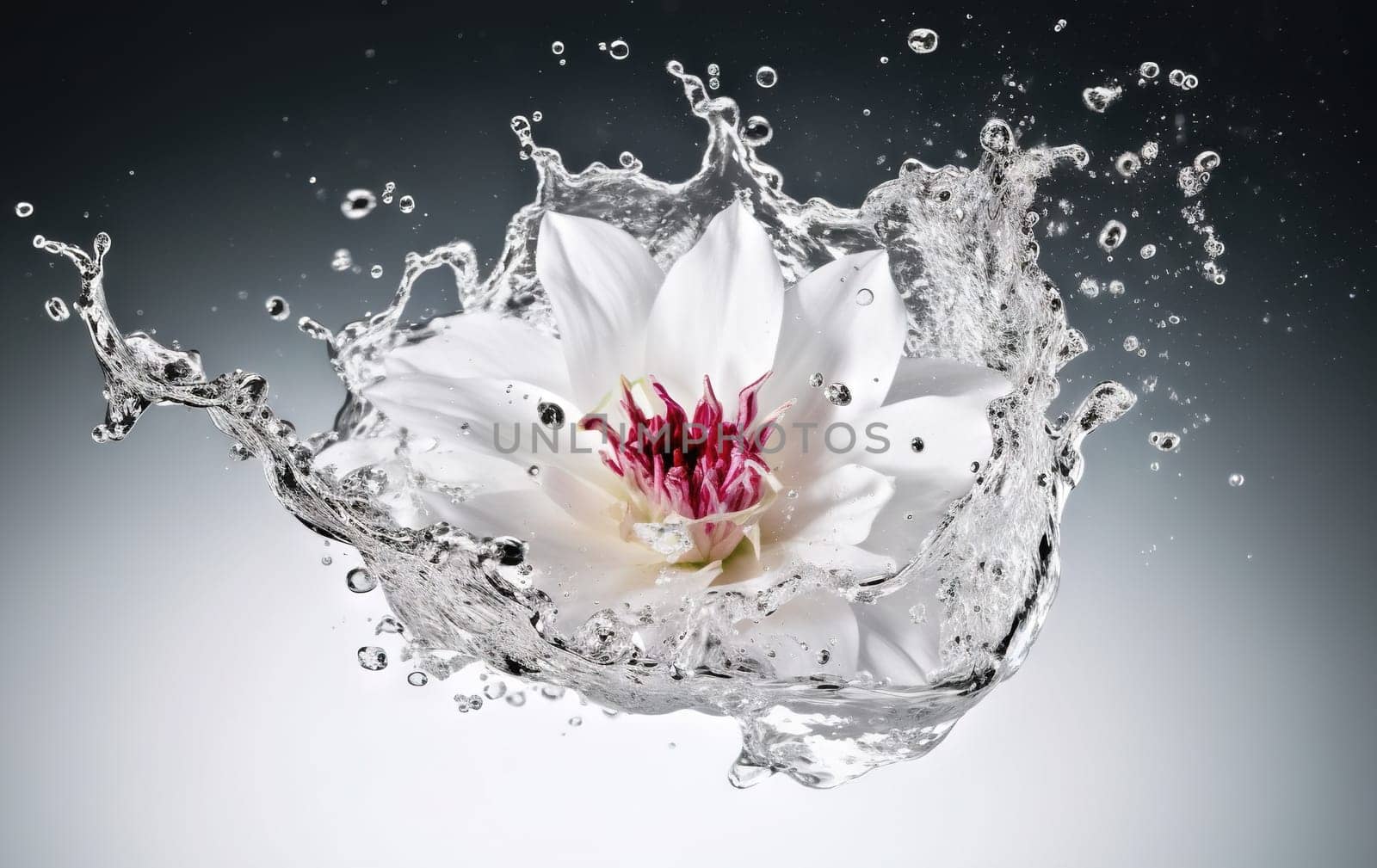 Flower in splashing water. Floral freshness concept with water drops for cosmetic, moisture and self-care packaging. Generated AI