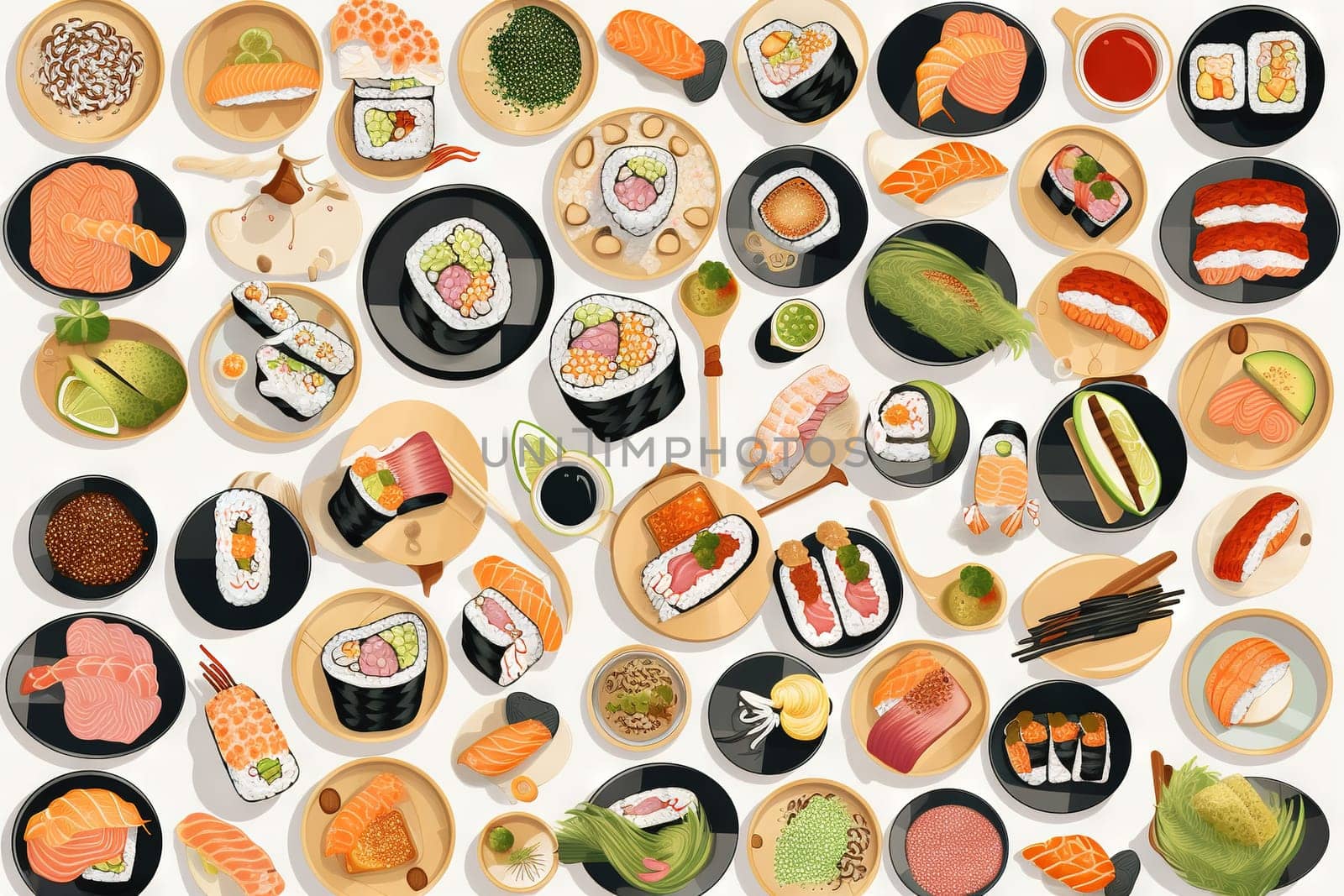 Sushi set. Collection of fast fool in asian style. Classic shushi and rice rolls. Generated AI