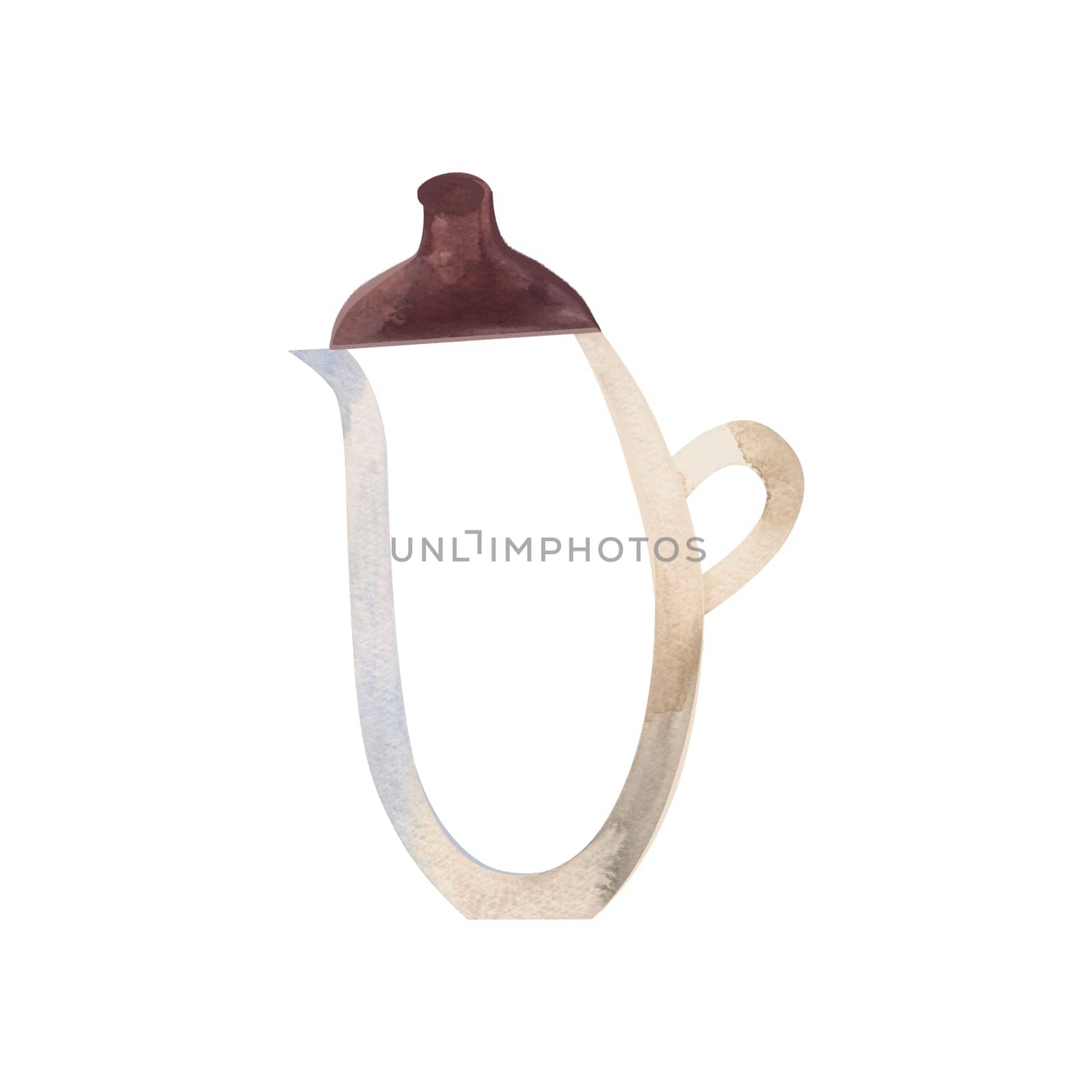 Empty transparent glass lemonade pitcher with dark brown wooden lid in sketch style. Clipart. Isolated watercolor illustration on a white background for menu design, lemonade sales places, summer soft drink packaging